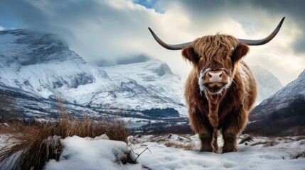 A hairy Scottish highlander against the background of beautiful snowy mountains and white clouds on a cloudy day in the Netherlands. Copy Space.