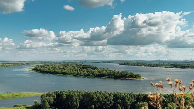 Picturesque view of the Kama River from the observation deck at the Yelabuga settlement. The movement of clouds over the river. Lower Kama National Park. Yelabuga, Republic of Tatarstan, Russia, 4K