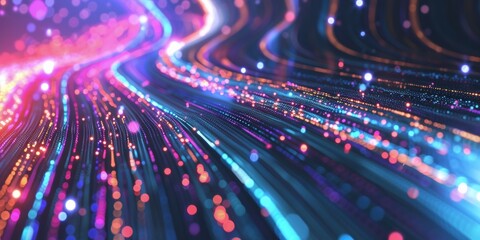 Holographic data streams, with flowing lines of light representing digital information in a spectrum of holographic colors
