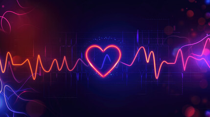 A neon heart symbol connected to a heartbeat line on a dark abstract background with pink and blue hues.