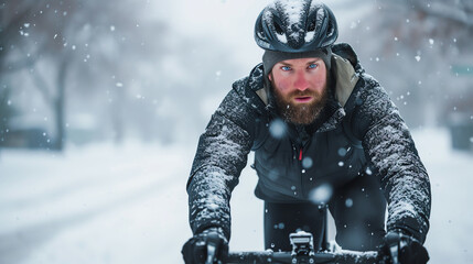 Fototapeta na wymiar Cyclist Riding Mountain Bike in Snowy Forest. Extreme Sport Concept.