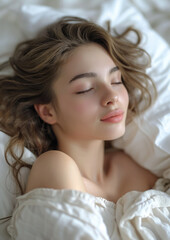 Obraz na płótnie Canvas beautiful young girl sleeping in bed, pillow, blanket, lifestyle, dreams, woman, portrait, closed eyes, daily routine, health, sheet, bed linen, top view, sleep