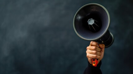 A dark and moody background frames a close-up photo of a person's hand tightly holding a megaphone.