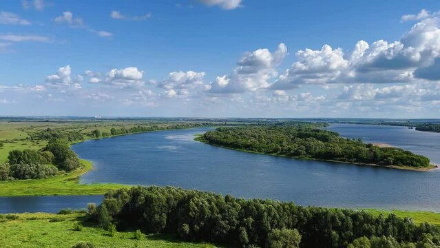 Picturesque view of the Kama River from the observation deck at the Yelabuga settlement. The movement of clouds over the river. Lower Kama National Park. Yelabuga, Republic of Tatarstan, Russia, 4K