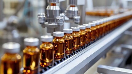The output is a close-up photograph of multiple medical vials on a pharmaceutical production line.