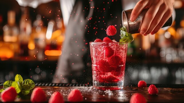 A picture of a bartender preparing a cocktail using fresh raspberries in a close-up shot.