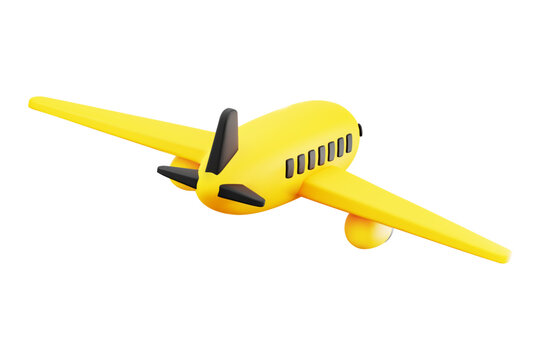 Cute 3D Cartoon Yellow and Black Flying Airplane Isolated on White Background Back View . For Travel Advertise, Ticket Booking Service or Air Transportation Concept. Vector Illustration of 3D Render.