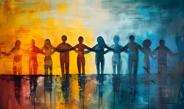 Illustration of a group of people standing together, arms around each other, hugging and holding hands. This emotionally complex scene symbolizes the concept of togetherness and tolerance.