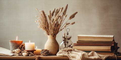 Table interior with vintage basket, books, dried flowers, ceramic Christmas decor, and candles.
