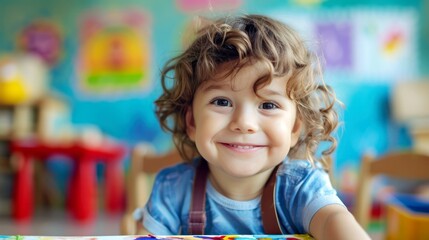 little preschool girl smiling, sits at the table in kindergarten