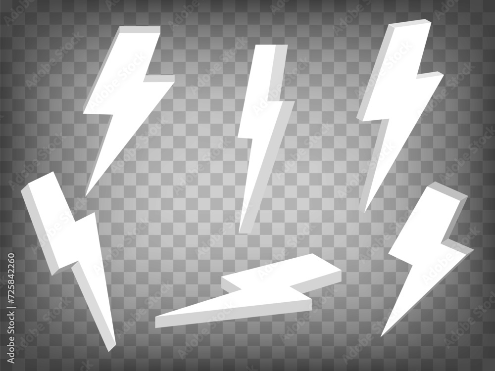 Poster set of perspective projections 3d thunderbolt symbol on transparent background. blank thunderbolt sy