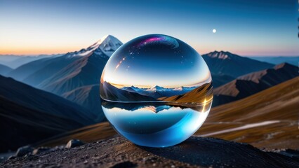 rendered landscape with glass sphere.  generative, ai.