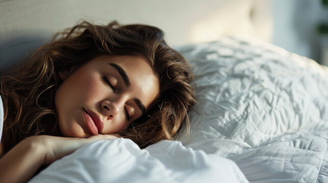 beautiful young girl sleeping in bed, pillow, blanket, lifestyle, dreams, woman, portrait, closed eyes, daily routine, health, sheet, bed linen, top view, sleep