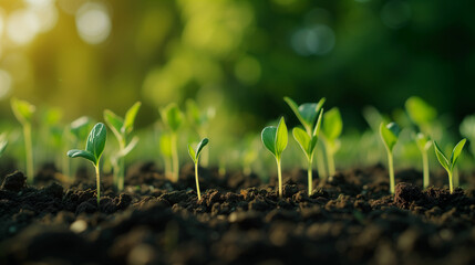 Young green sprouts growing in a row in the soil. Agriculture and eco concept. Close-up shot for agricultural equipment or organic farming advertisement. Banner with copy space.