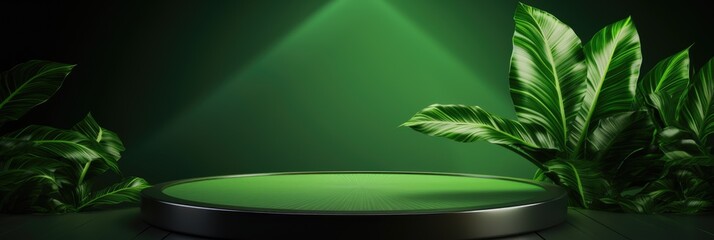 Green platform for presentation. Wide format banner with leaf
