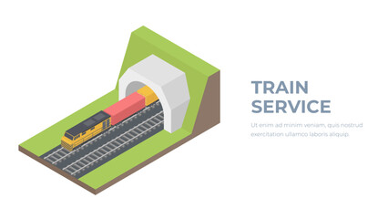 Cargo train in the tunnel isometry. Transportation by rail road. Isometric illustration on white background