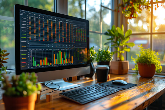 Station de travail dans un bureau &agrave; la maison avec graphiques, courbes et statistiques &agrave; l'&eacute;cran, audit et rapport d'analyse, reporting et indicateurs de mesure de performance d'entreprise