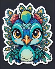 Illustration of a cute Peacock sticker with vibrant colors and a playful expression