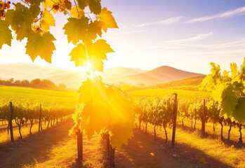Vineyards at sunset in autumn harvest ripe grape