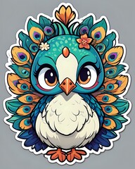 Fototapeta premium Illustration of a cute Peacock sticker with vibrant colors and a playful expression