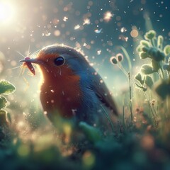 Beautiful little bird robin erithacus in awesome natural shot