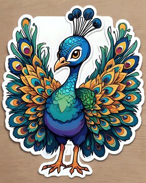 Illustration of a cute Peacock sticker with vibrant colors and a playful expression