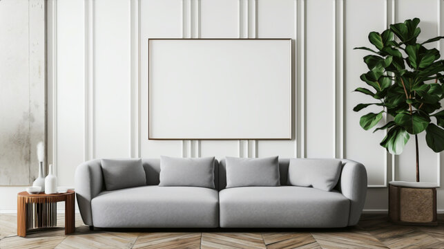 Living room with large sofa and white blank painting