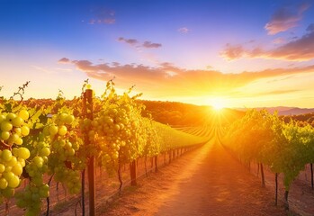 Vineyards at sunset in autumn harvest ripe grape