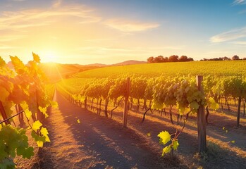 Vineyards at sunset in autumn harvest ripe grape