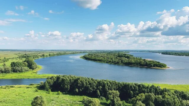 Picturesque view of the Kama River from the observation deck at the Yelabuga settlement. The movement of clouds over the river. Lower Kama National Park. Yelabuga, Republic of Tatarstan, Russia, 4K