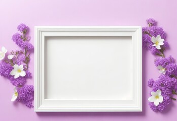 White wooden photo frame with purple flowers on