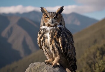 An Eurasian Eagle Owl staring at something out of shot in a woodland setting.