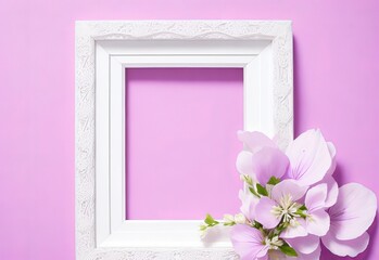 White wooden photo frame with purple flowers on