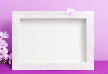 White wooden photo frame with purple flowers on