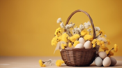 Minimalistyczne żółte tło na życzenia Wielkanocne.  Alleluja - Wesołych świąt Wielkiej Nocy. Jajka, koszyczek, kwiaty i inne wiosenne dekoracje. - obrazy, fototapety, plakaty