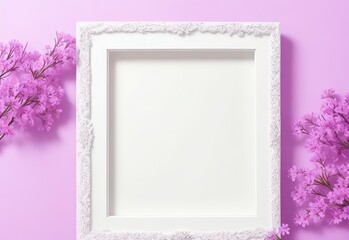 White wooden photo frame with purple flowers on