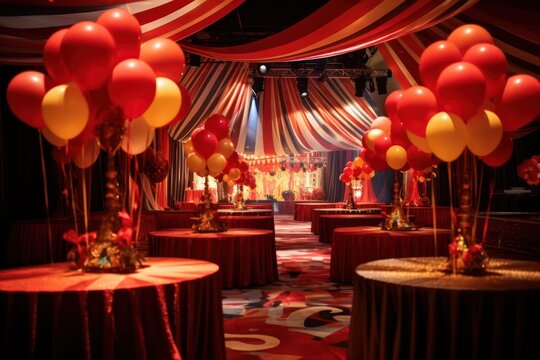 circus style red color decorations with balloons and catering. Event management industry. Birthday, new year, Valentines day party celebration. 