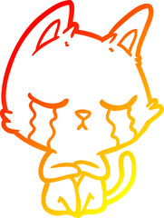 warm gradient line drawing crying cartoon cat sitting