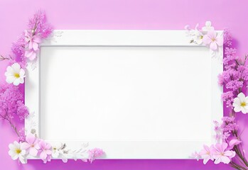 White wooden photo frame with purple flowers on