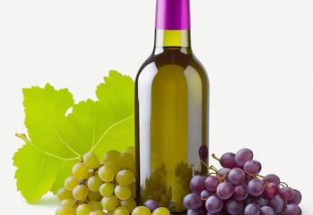 wine bottle glass and grapes isolated on white