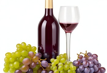 wine bottle glass and grapes isolated on white
