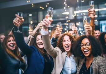 diverse team of business people celebrating project success at work. happy group of colleagues raising hands up celebrating product launch in office, drinking champagne.