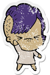 distressed sticker of a cartoon annoyed hipster girl