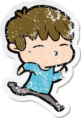 distressed sticker of a cartoon curious boy