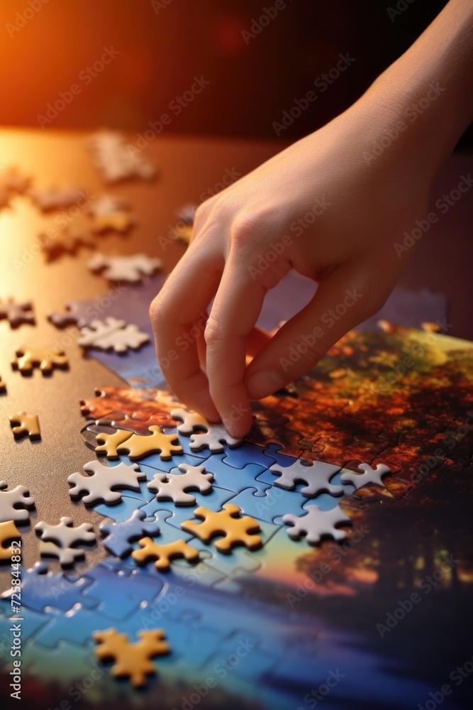 Poster A person placing a puzzle piece on a table. Can be used to depict problem-solving, teamwork, or completing a task