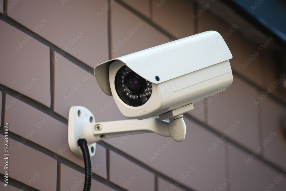 Poster a security camera mounted on the side of a building. can be used for surveillance and monitoring pur