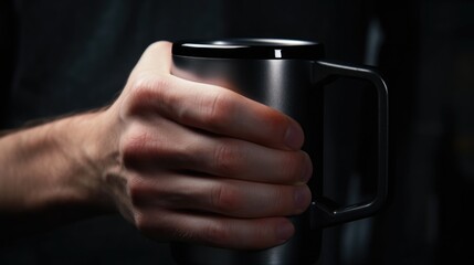A person holding a coffee mug in their hand. Perfect for coffee lovers or cozy morning scenes