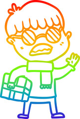 rainbow gradient line drawing cartoon boy holding gift and wearing spectacles