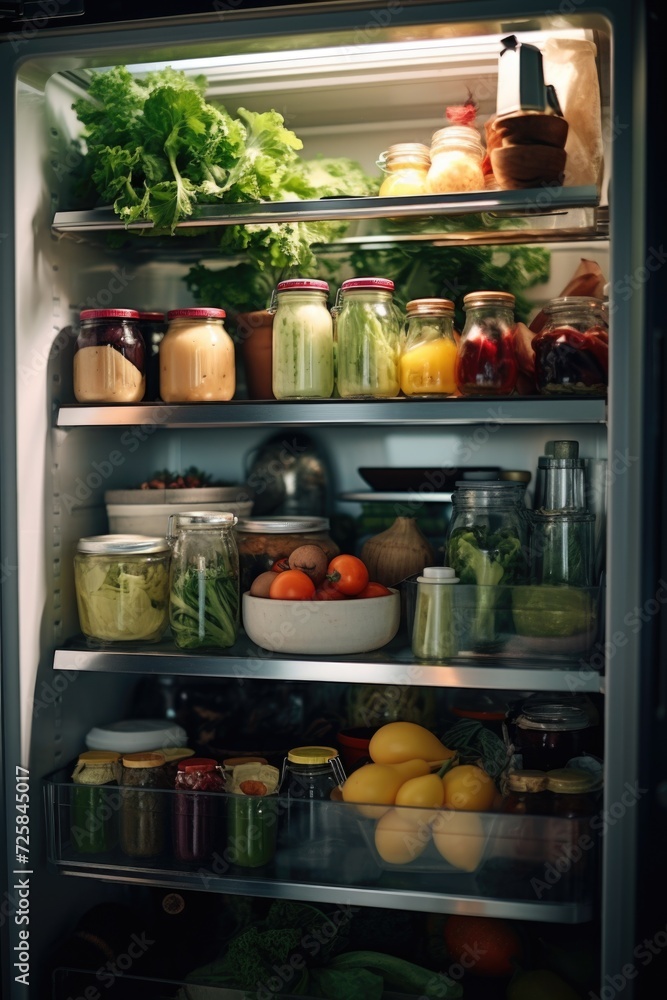 Poster an open refrigerator filled with a variety of food items. perfect for illustrating abundance and hea