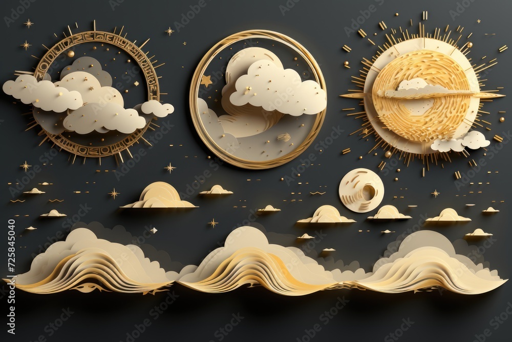 Aufkleber a set of paper cut clouds and sun, perfect for creating a whimsical and playful atmosphere. ideal fo